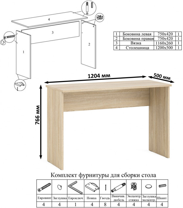 Мори Стол письменный МСП1200.1 + Комод МК1380.6, цвет дуб сонома, ШхГхВ 258,4х50х76,6 см., универсальная сборка