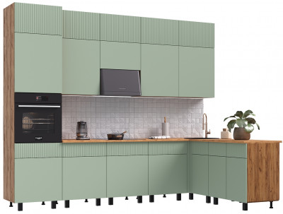 Кухня Оливия NEW 3,0х1,8/1080м Компоновка №2, Крафт золотой/Олива софт