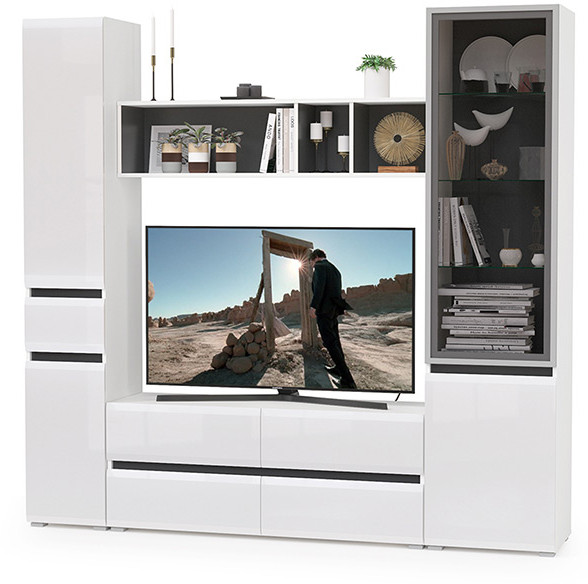 Сидней Комплектация № 023, корпус белый/чёрный/фасады МДФ белый глянец