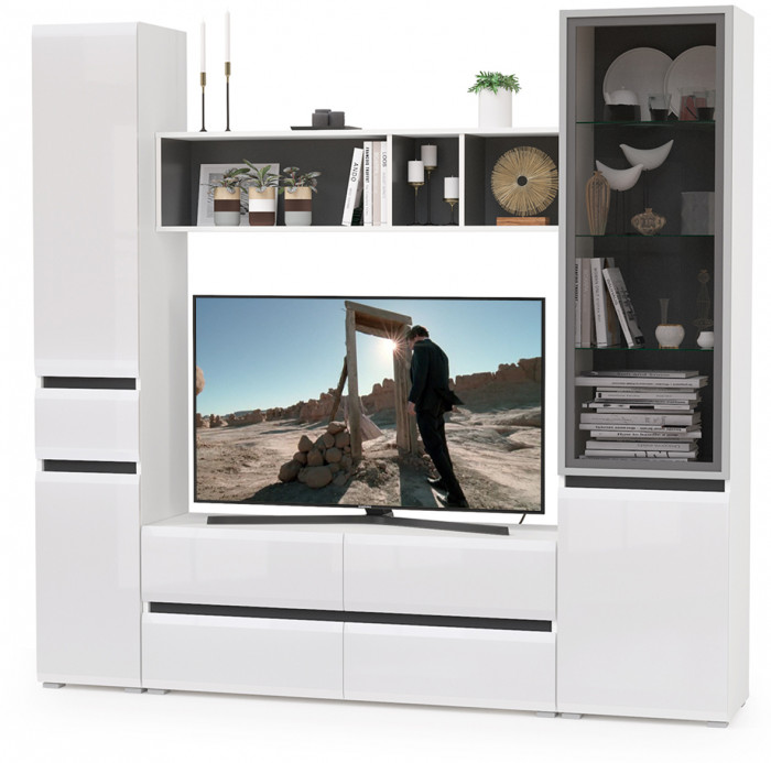 Сидней Комплектация № 023, корпус белый/чёрный/фасады МДФ белый глянец