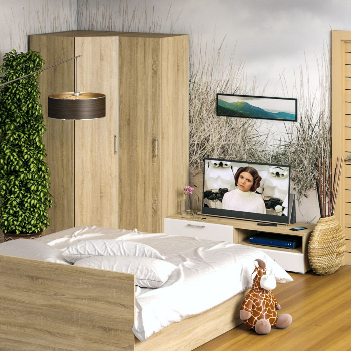 Спальня Стандарт 4-1800, дуб сонома/фасады ТВ тумбы МДФ белый глянец