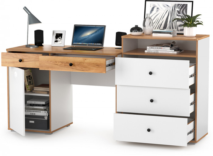 Вуди письменный стол 12.42 + Комод 13.293, белый премиум/дуб крафт золотой