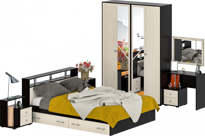 Камелия спальня № 9 Кровать с ящиками 1600 + Две тумбы + Стол космет. + Зеркало + Шкаф 4-х, венге/дуб лоредо