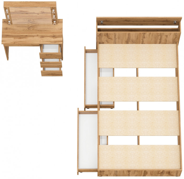 Ксения Кровать с ящиками 1200 + Стол косметический с подсветкой Сура, дуб вотан