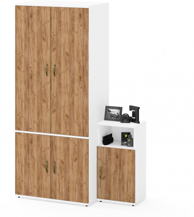 Лидер-8 Шкаф МД 19Б + Тумба МД 3.19, белый шагрень/крафт золото