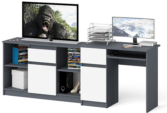Мори компьютерный стол МС-1 левый + Тумба МТВ1204.1, графит/белый