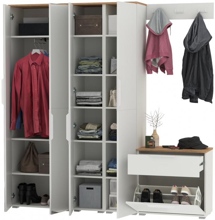 Октава Прихожая 30, белый шагрень/дуб крафт золотой/фасады МДФ белый шагрень