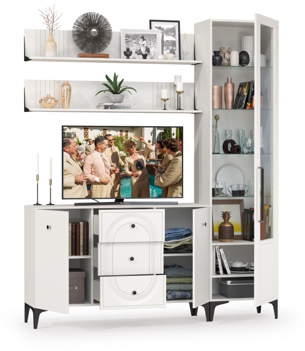 Валенсия Гостиная № 094, цвет ЛДСП белый шагрень/МДФ белый шагрень, ШхГхВ 188,2х38,4х225,2 см., универсальная сборка