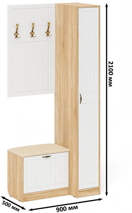 Прихожая П-6 Компоновка № 41, цвет дуб сонома/фасады МДФ белое дерево фрезеровка прованс, ШхГхВ 90х50х210 см., универсальная сборка