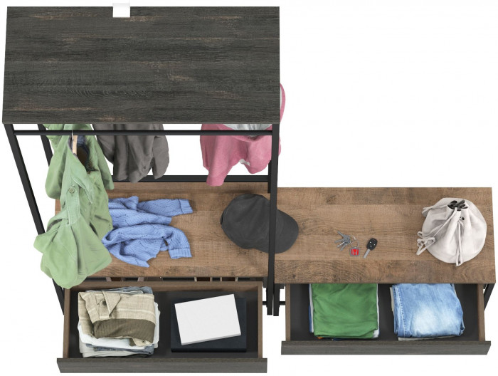 Трувор 15.120 Прихожая + 13.241.03 Тумба для обуви, цвет дуб гранж песочный/интра, ШхГхВ 160х36,6х194,2 см., универсальная сборка