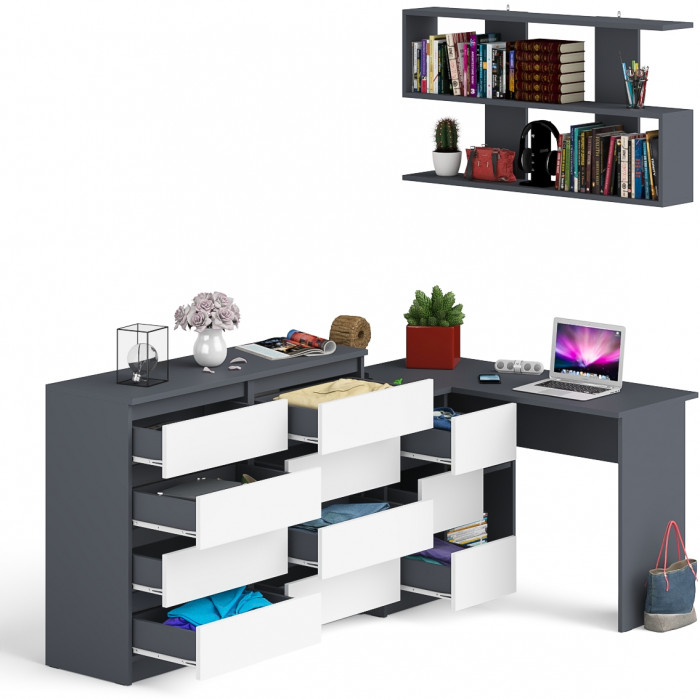 Мори компьютерный стол МС-16 левый + Комод МК1200.8 + Полка 1200, графит/белый