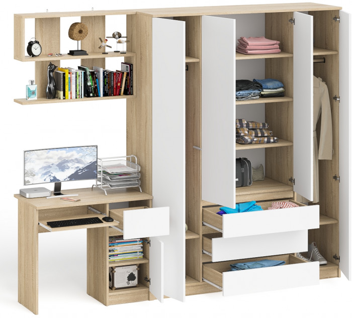 Мори Стол компьютерный МС-1 правый + Шкаф МШ1600.1 + Полка 900, цвет дуб сонома/белый, ШхГхВ 250,4х50,4х209,6 см., НЕ универсальная сборка
