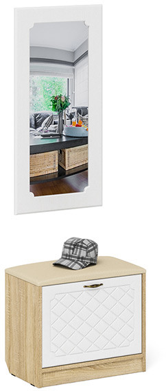 Прихожая П-6 Тумба + Зеркало, цвет дуб сонома/фасады МДФ белое дерево фрезеровка ромб, ШхГхВ 60х35х200 см.