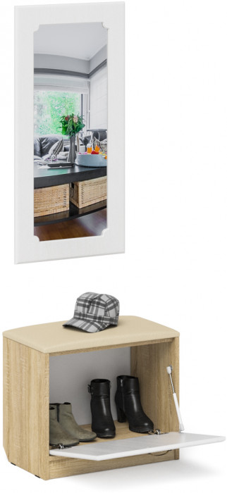 Прихожая П-6 Тумба + Зеркало, цвет дуб сонома/фасады МДФ белое дерево фрезеровка ромб, ШхГхВ 60х35х200 см.