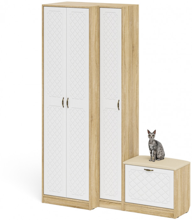 Прихожая П-6 Компоновка № 25, дуб сонома/фасады МДФ белое дерево фрезеровка ромб