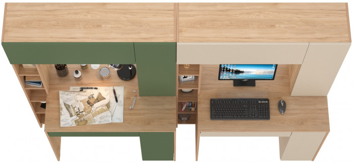 Два стола комп.Комфорт 12.71, гикори рокфорд натуральный/дымчатый зелёный/гикори рокфорд натур./сатин