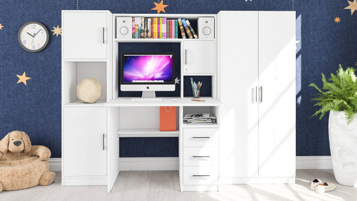 Стол компьютерный С-МД-СК9+Пенал С-МД-СК9П+Шкаф С-МД-СК9Ш, цвет белый шагрень, ШхГхВ 215х70х160 см., НЕ универсальная сборка