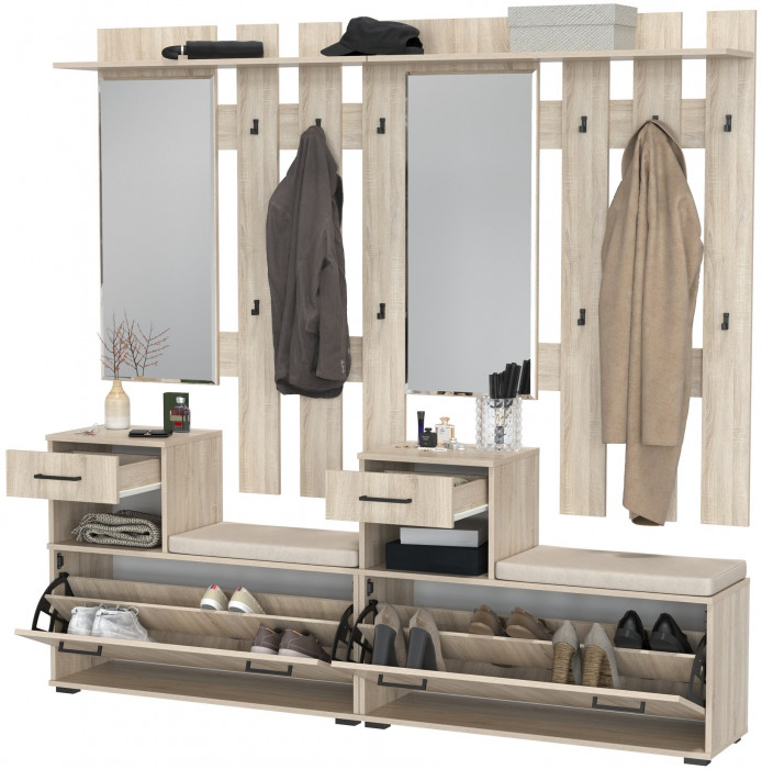 Лира ГК Прихожая 2 Два х Тумба под обувь + Два х Вешалка с зеркалом, цвет дуб сонома, ШхГхВ 200х33х185 см., универсальная сборка