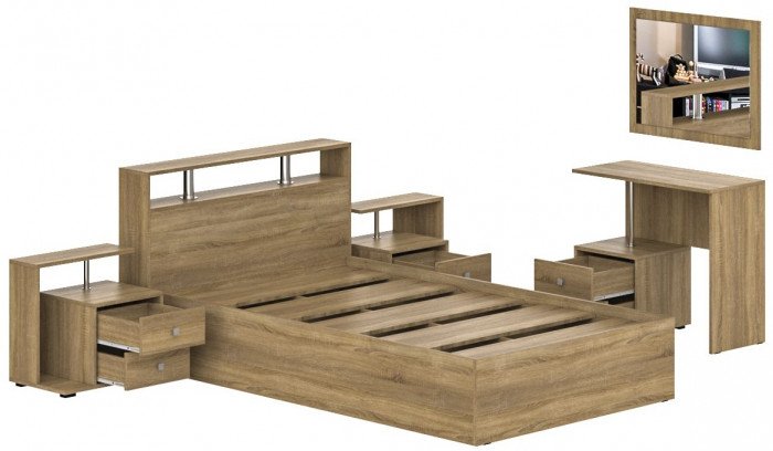 Камелия спальня № 6 Кровать 1200 + Две тумбы + Стол косметический + Зеркало, цвет дуб сонома, сп.м. 1200х2000 мм., б/м, основание есть