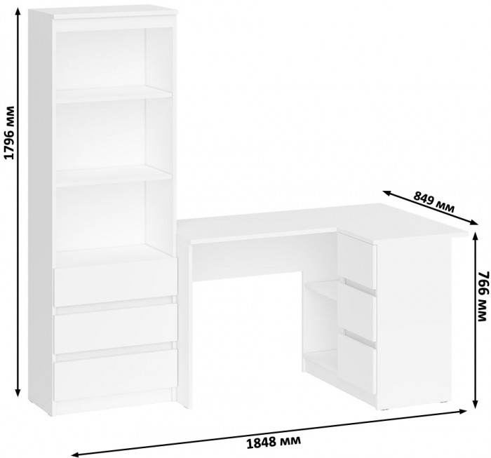 Мори Стол компьютерный МС-16 правый + Стеллаж МСТ600.3, цвет белый, ШхГхВ 184,8х84,9х179,6 см., выдвижные ящики справа, НЕ универсальная сборка