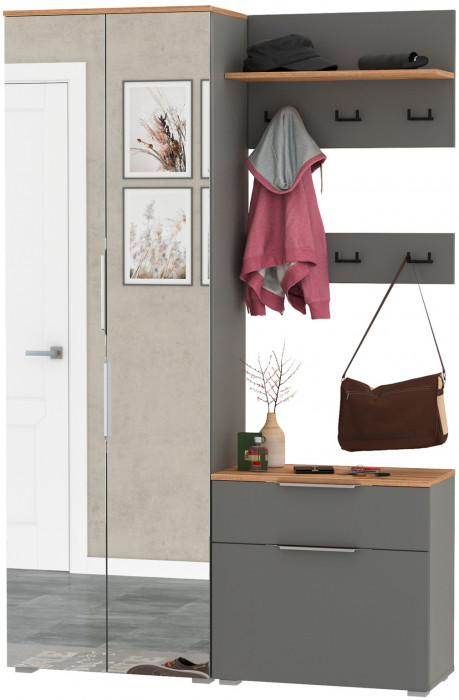 Октава Прихожая 12, цвет серый графит/дуб крафт золотой/фасады МДФ серый графит, ШхГхВ 129,3х35,4х197,6 см., универсальная сборка