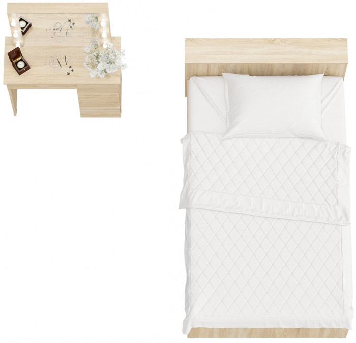 Ксения Кровать с ящиками 1200 + Стол косметический с подсветкой Сура, дуб сонома