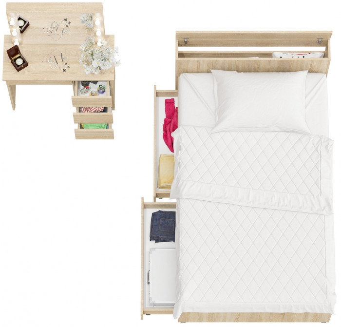 Ксения Кровать с ящиками 1200 + Стол косметический с подсветкой Сура, дуб сонома