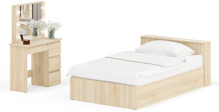 Ксения Кровать с ящиками 1200 + Стол косметический с подсветкой Сура, дуб сонома