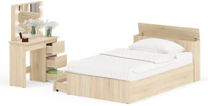 Ксения Кровать с ящиками 1200 + Стол косметический с подсветкой Сура, дуб сонома