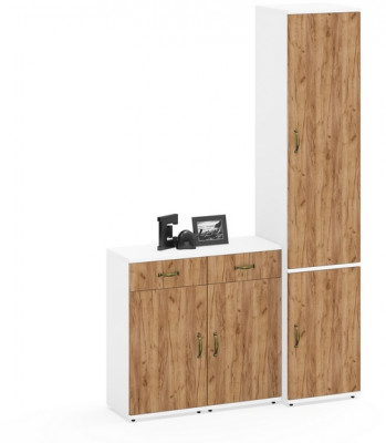 Лидер-8 Пенал МД 22Б + Тумба МД 3.15 + Тумба МД 3.15, цвет белый шагрень/крафт золото, ШхГхВ 120х37,5х190 см., универсальная сборка