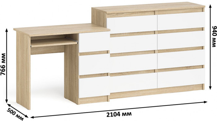 Мори Стол компьютерный МС-6 правый + Комод МК1200.8, цвет дуб сонома/белый, ШхГхВ 210,4х50х94 см., выдвижные ящики справа, НЕ универсальная сборка