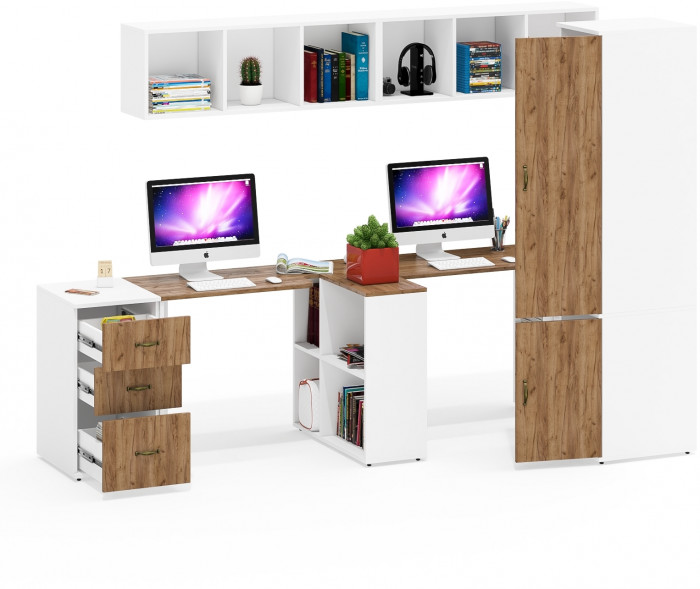 Лидер-8 Стол + Полка + Стол + Полка + Пенал МД 23Б + Тумба МД 3.16, белый шагрень/крафт золото