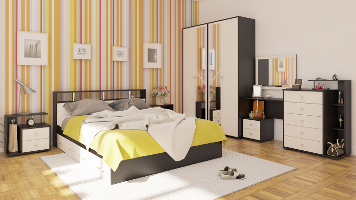 Камелия спальня № 10 Кровать с ящиками 1600 + Две тумбы + Стол косм. + Зеркало + Комод + Шкаф, цвет венге/дуб лоредо, 1600х2000 мм., б/м, осн. есть