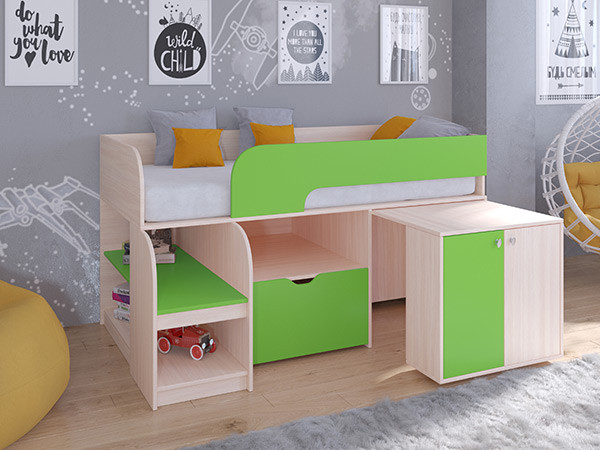 Кровать чердак Астра 9 V9 Дуб молочный/Салатовый