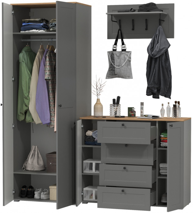 Остин Прихожая 15, цвет серый графит/дуб крафт золотой, ШхГхВ 200х54,3х229,6 см., универсальная сборка