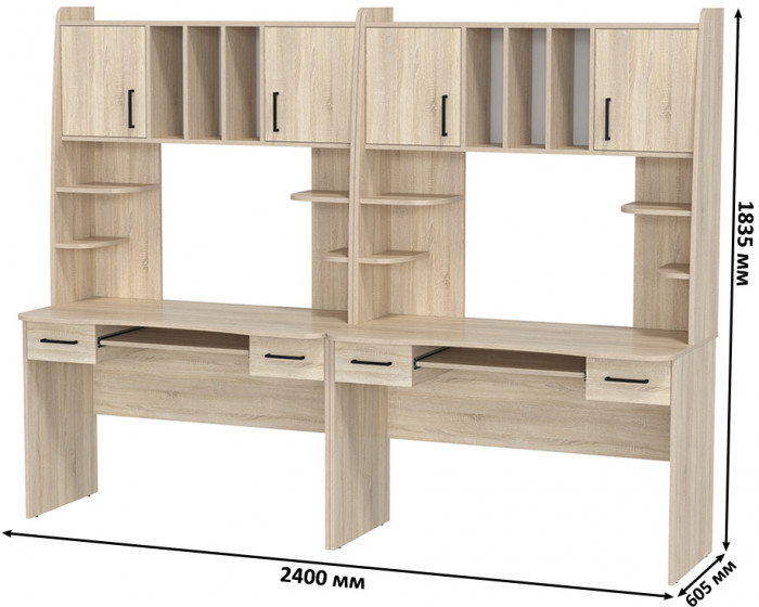 Два стола рабочих 6-0604 Бета + два кресла 103 серых, цвет дуб сонома, ШхГхВ 240х60,5х183,5 см.