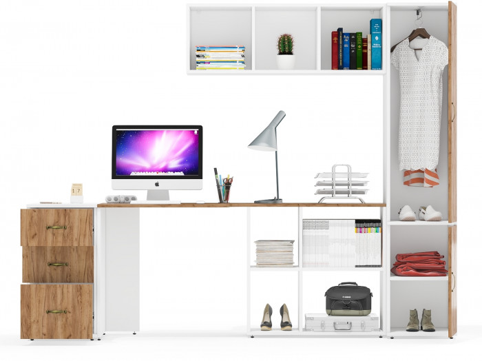 Лидер-8 Стол + Полка + Тумба МД 3.16 + Пенал МД 21Б, цвет белый шагрень/крафт золото, ШхГхВ 245х50/37,5х75/190 или 155х120/50х75/190 см., НЕ ун. сб.