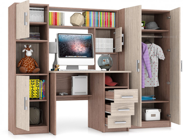 Стол компьютерный С-МД-СК9+Пенал С-МД-СК9П+Шкаф С-МД-СК9Ш, цвет ясень шимо светлый/ясень шимо тёмный, ШхГхВ 215х70х160 см., НЕ универсальная сборка