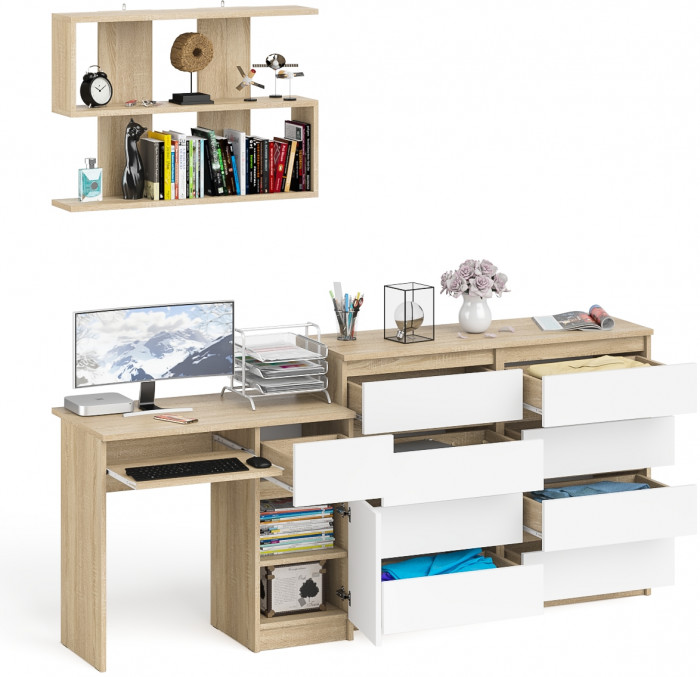 Мори компьютерный стол МС-1 правый + Комод МК1200.8 + Полка 900, дуб сонома/белый