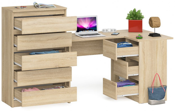Мори компьютерный стол МС-16 правый + Комод МК700.5, дуб сонома