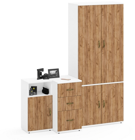 Лидер-8 Шкаф МД 20Б + Тумба МД 3.16 + Тумба МД 3.19, цвет белый шагрень/крафт золото, ШхГхВ 160х50х190 см., НЕ универсальная сборка