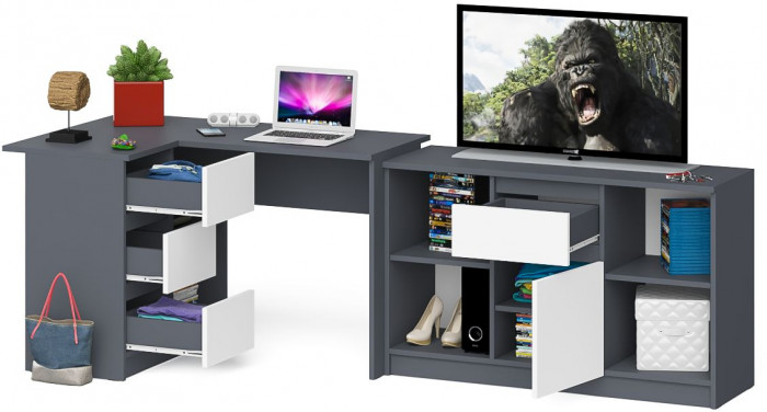 Мори Стол компьютерный МС-16 левый + Тумба МТВ1204.1, цвет графит/белый, ШхГхВ 244,8х84,9х76,6 см., выдвижные ящики слева, НЕ универсальная сборка