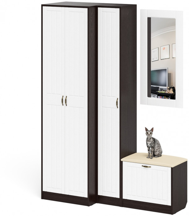 Прихожая П-6 Компоновка № 26, венге/фасады МДФ белое дерево фрезеровка прованс