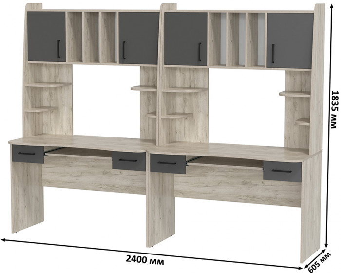 Два стола рабочих 6-0604 Бета + два кресла 103 чёрных, цвет дуб крафт серый/графит, ШхГхВ 240х60,5х183,5 см.