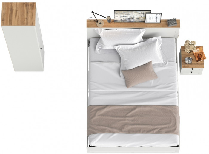 Остин 11.53 Кровать + ортопед + 13.225 Шкаф-пенал + 16.152 Тумба прикроватная, белый шагрень/дуб крафт золотой