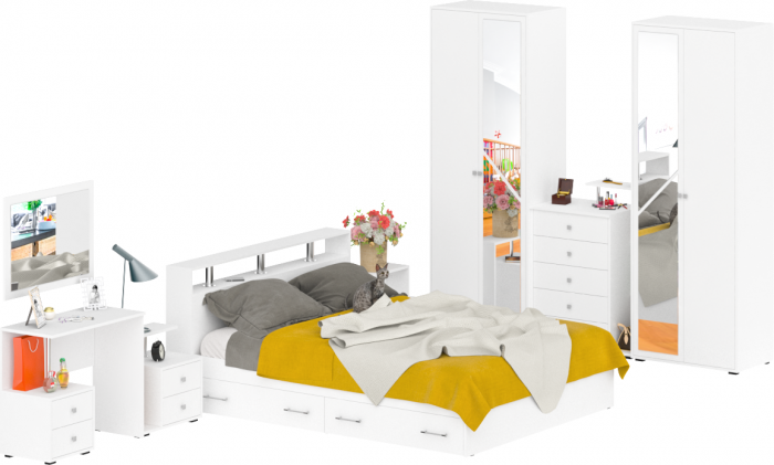 Камелия спальня № 10 Кровать с ящиками 1600 + Две тумбы + Стол косметич. + Зеркало + Комод + Шкаф, цвет белый, 1600х2000 мм., б/м, осн. есть