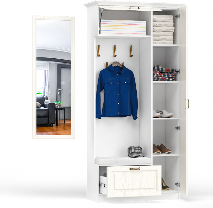 Ливерпуль Шкаф многоцелевого назначения 13.21 + карниз + Зеркало 03.242, цвет ясень ваниль/белый, ШхГхВ 108,2х43,5х223,5 + 50х2х140 см., ун. сборка