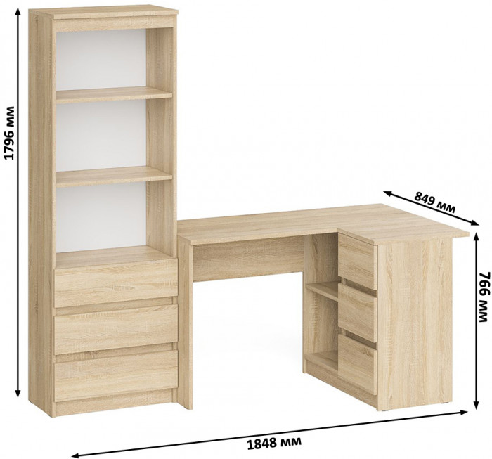 Мори Стол компьютерный МС-16 правый + Стеллаж МСТ600.3, цвет дуб сонома, ШхГхВ 184,8х84,9х179,6 см., выдвижные ящики справа, НЕ универсальная сборка