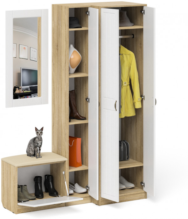 Прихожая П-6 Компоновка № 26, дуб сонома/фасады МДФ белое дерево фрезеровка прованс