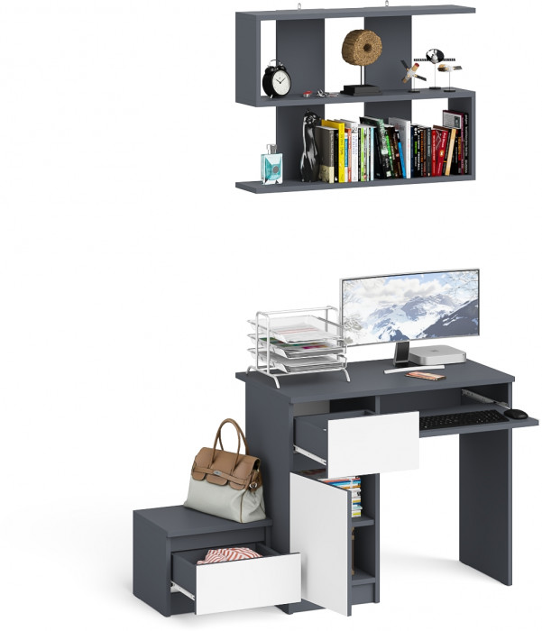 Мори компьютерный стол МС-1 левый + Тумба ТМП400.1 + Полка 900, графит/белый